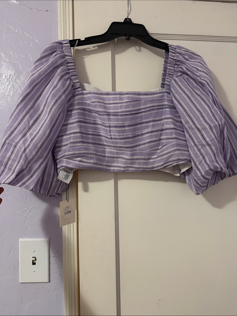 Sandro Lilac & White Striped Puff-Sleeve Crop Top